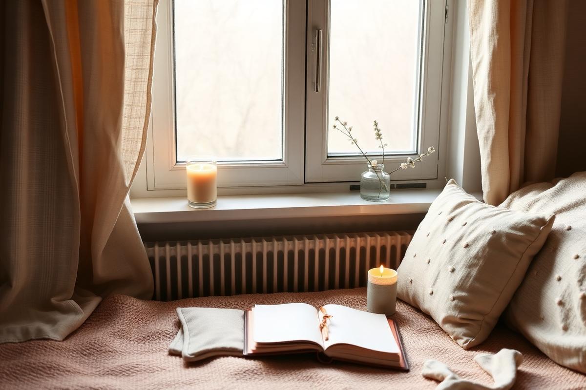Canto de meditação com vela, diário aberto e almofada de linho
